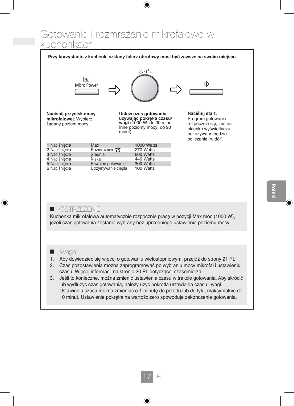 Gotowanie i rozmrażanie mikrofalowe w kuchenkach, Ostrzeżenie, Uwaga | Panasonic NNGD462M User Manual | Page 19 / 34