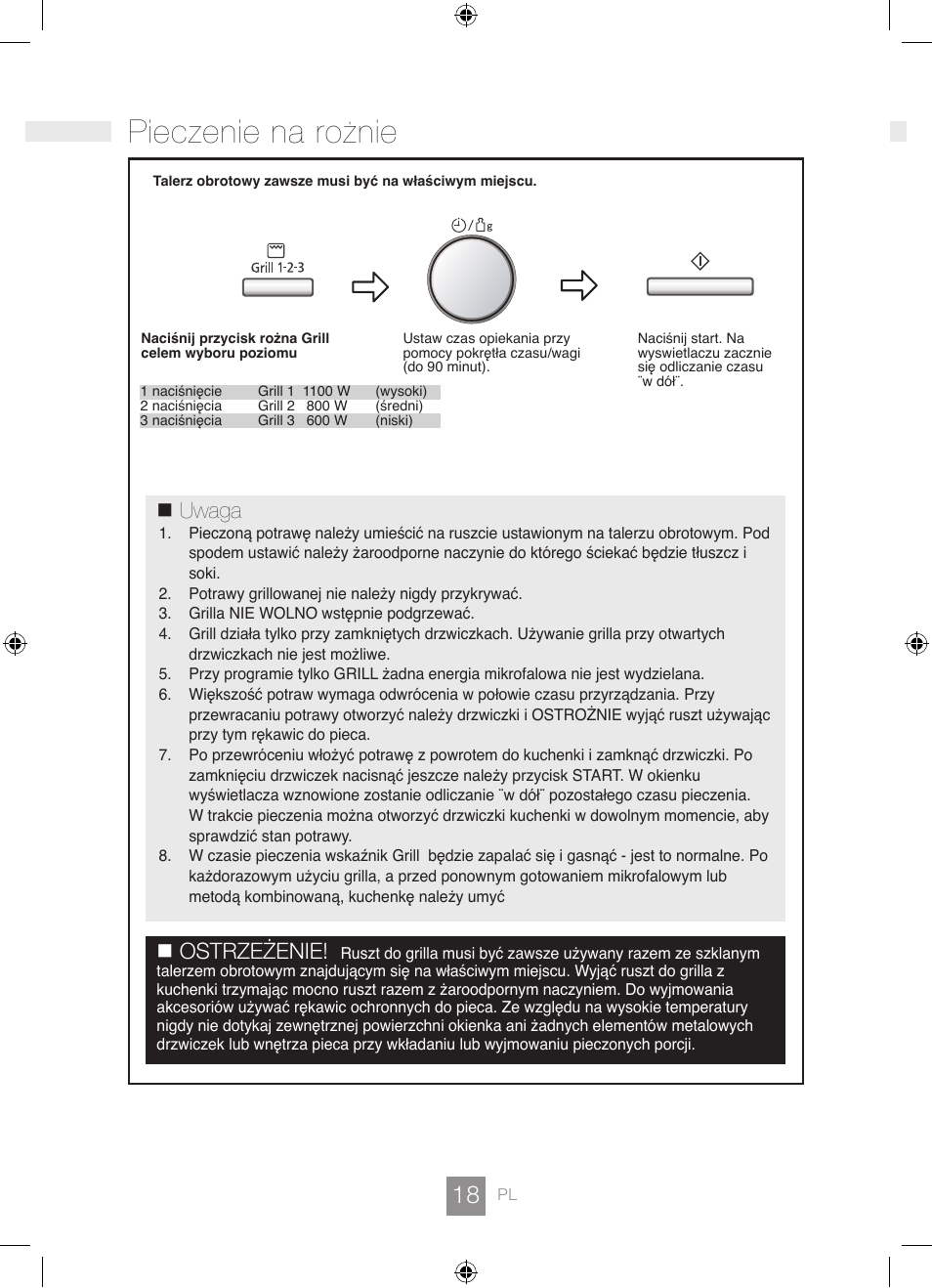 Pieczenie na rożnie, Uwaga, Ostrzeżenie | Panasonic NNGD462M User Manual | Page 20 / 34