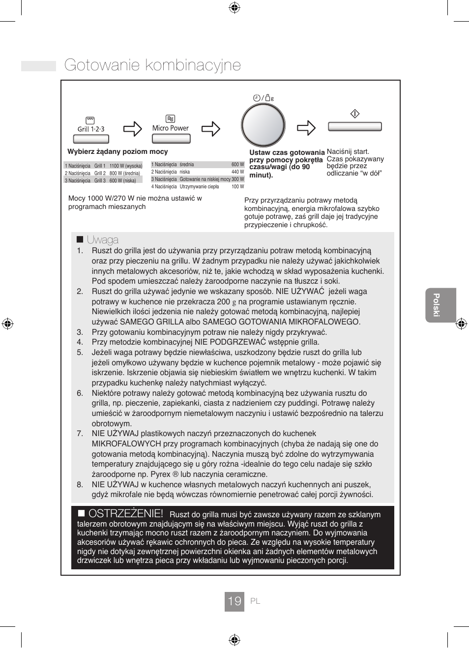 Gotowanie kombinacyjne, Uwaga, Ostrzeżenie | Panasonic NNGD462M User Manual | Page 21 / 34