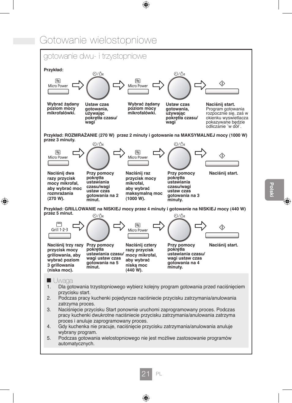 Gotowanie wielostopniowe, Gotowanie dwu- i trzystopniowe, Uwaga | Panasonic NNGD462M User Manual | Page 23 / 34