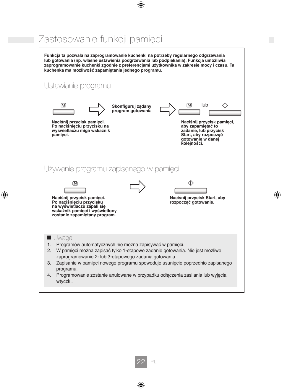 Zastosowanie funkcji pamięci, Ustawianie programu, Używanie programu zapisanego w pamięci | Uwaga | Panasonic NNGD462M User Manual | Page 24 / 34