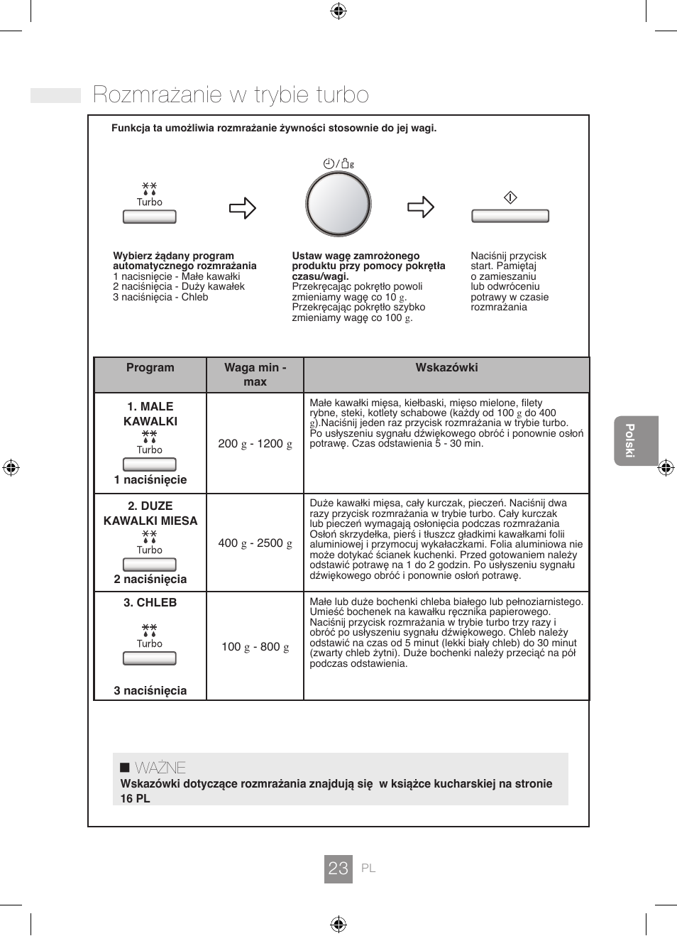 Rozmrażanie w trybie turbo, Ważne | Panasonic NNGD462M User Manual | Page 25 / 34