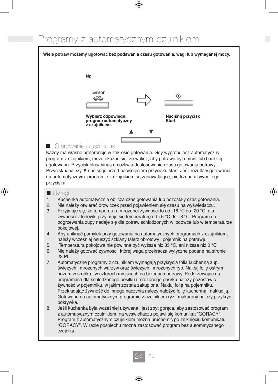 Programy z automatycznym czujnikiem, Sterowanie plus/minus, Uwagi | Panasonic NNGD462M User Manual | Page 26 / 34