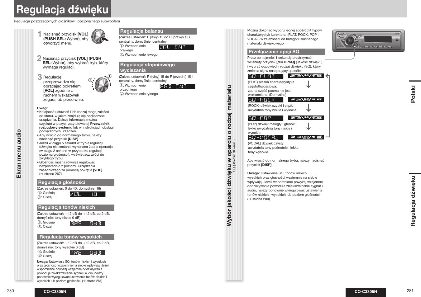 Regulacja dźwięku, Polski | Panasonic CQC3305N User Manual | Page 13 / 36