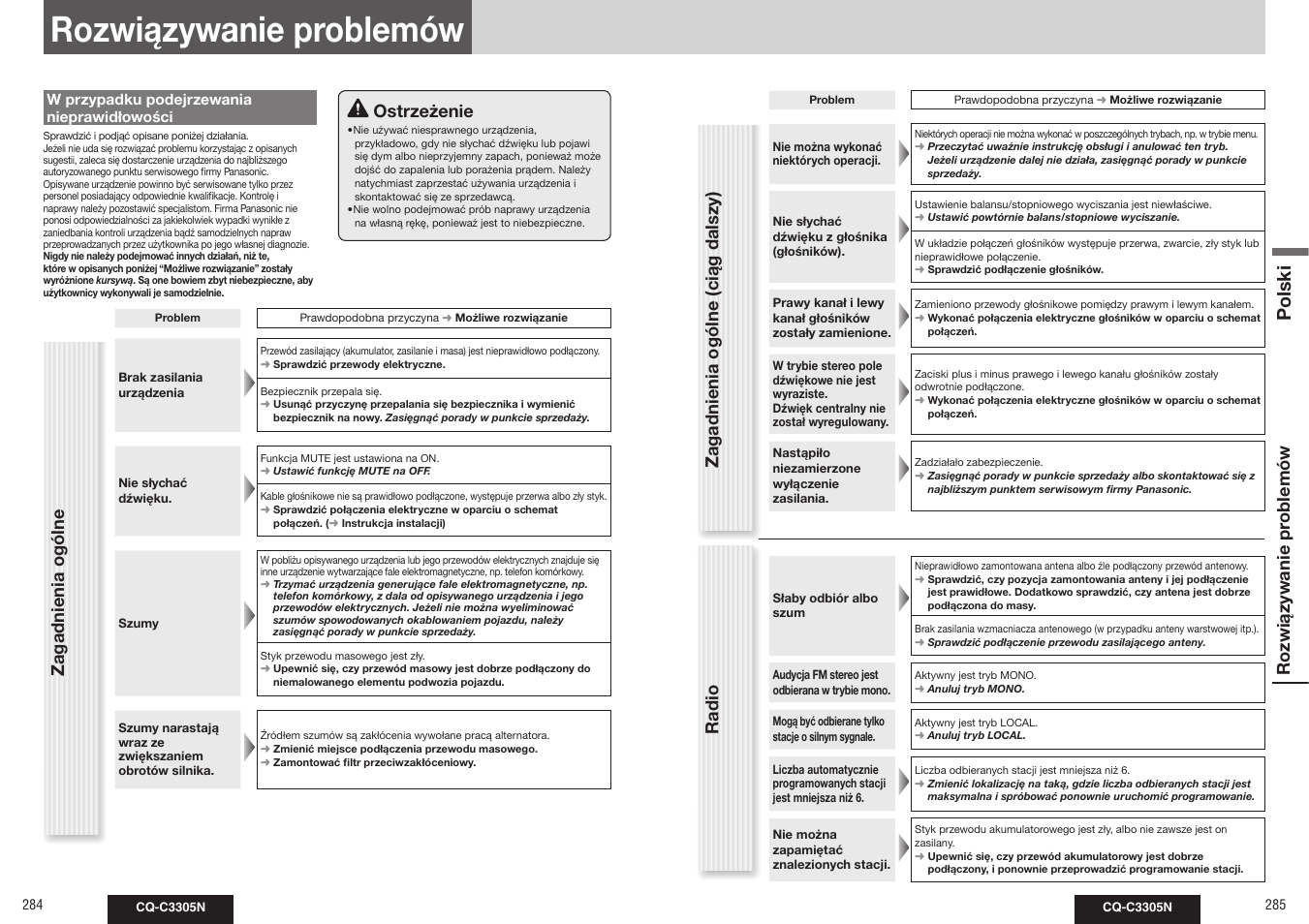 Rozwiązywanie problemów, Polski, Zagadnienia ogólne rozwiązyw anie pr oblemó w | Zagadnienia ogólne (ciąg dalszy) radio ostrzeżenie | Panasonic CQC3305N User Manual | Page 15 / 36