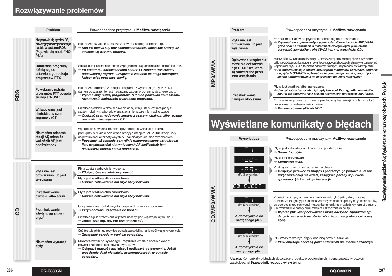 Wyświetlane komunikaty o błędach, Rozwiązywanie problemów, Polski | Mp3/wma, Cd/mp3/wma | Panasonic CQC3305N User Manual | Page 16 / 36