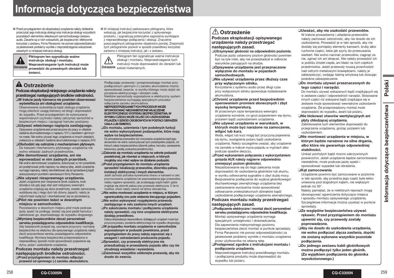 Informacja dotycząca bezpieczeństwa, Polski, Inf or macja dot ycząca bezpiecz eńst w a | Ostrzeżenie | Panasonic CQC3305N User Manual | Page 2 / 36