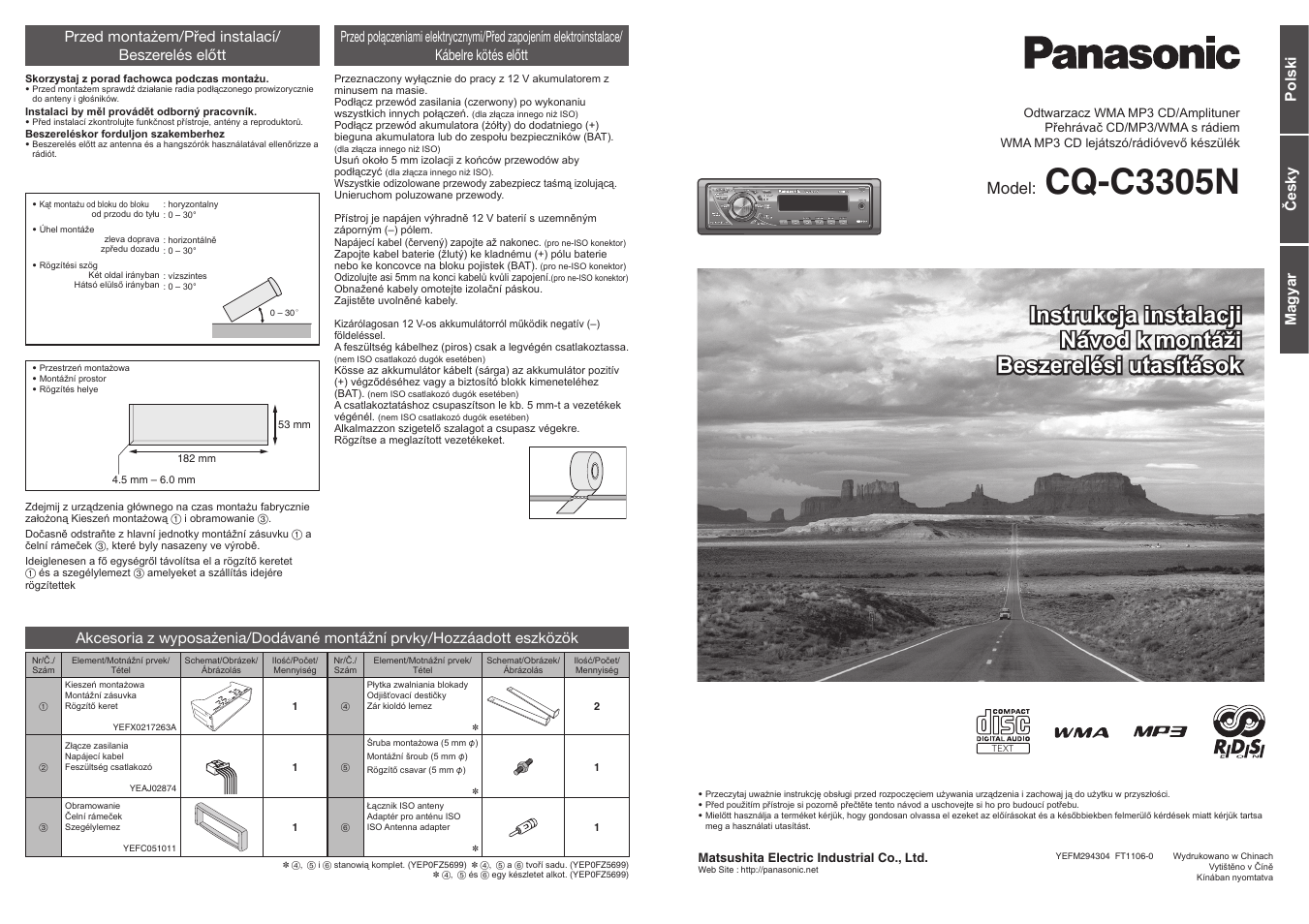 Cq-c3305n, Instrukcja instalacji, Model | Polski č esky magyar, Przed montażem/před instalací/ beszerelés előtt | Panasonic CQC3305N User Manual | Page 20 / 36