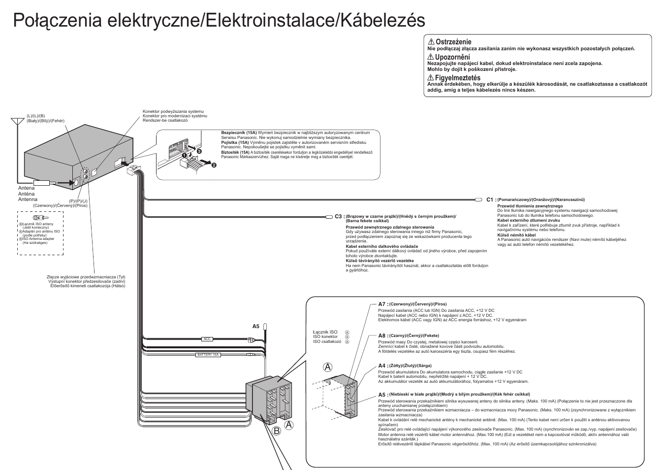 Połączenia elektryczne/elektroinstalace/kábelezés, Ab a, Ostrzeżenie | Upozornění, Figyelmeztetés | Panasonic CQC3305N User Manual | Page 22 / 36