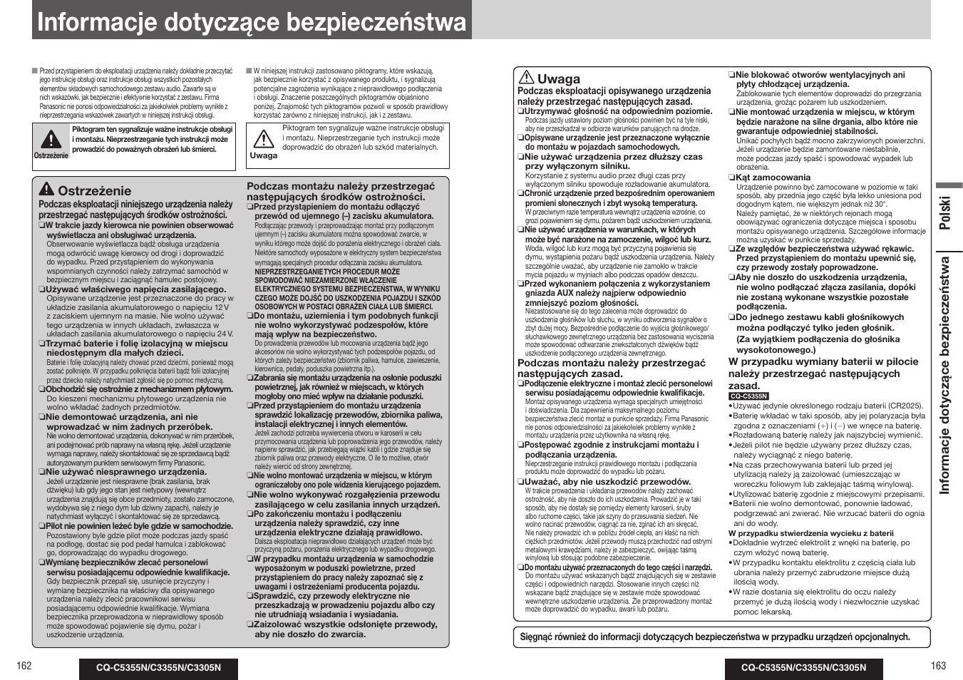 Informacje dotyczące bezpieczeństwa, Polski, Ostrzeżenie | Uwaga, Inf or macje dot yczące bezpiecz eńst w a | Panasonic CQC3305N User Manual | Page 25 / 36