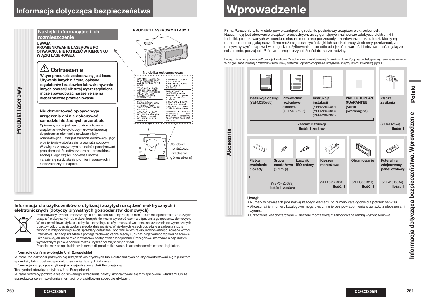 Wprowadzenie, Informacja dotycząca bezpieczeństwa | Panasonic CQC3305N User Manual | Page 3 / 36