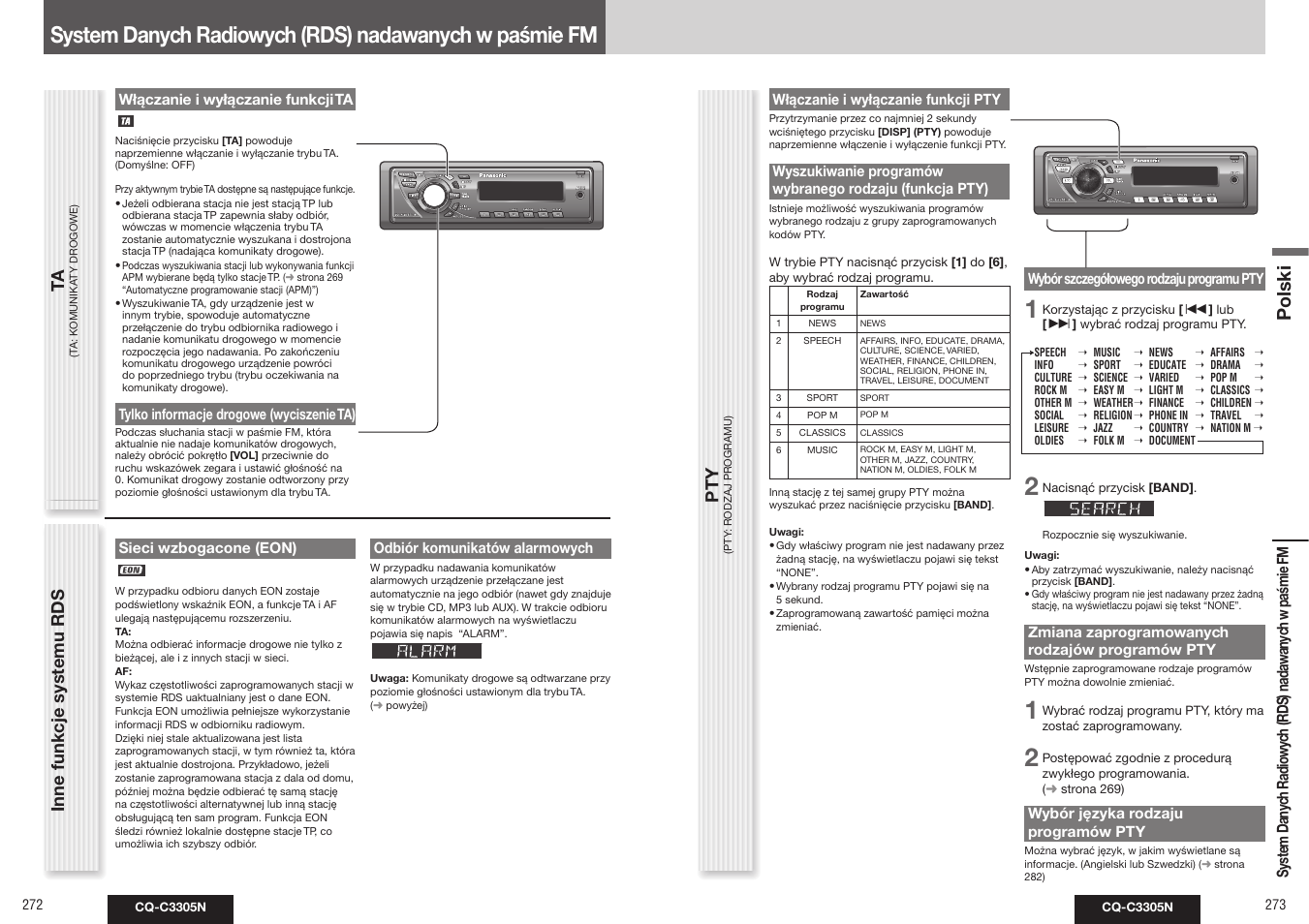 Polski, Inne funkcje systemu rds, Pt y | Panasonic CQC3305N User Manual | Page 9 / 36