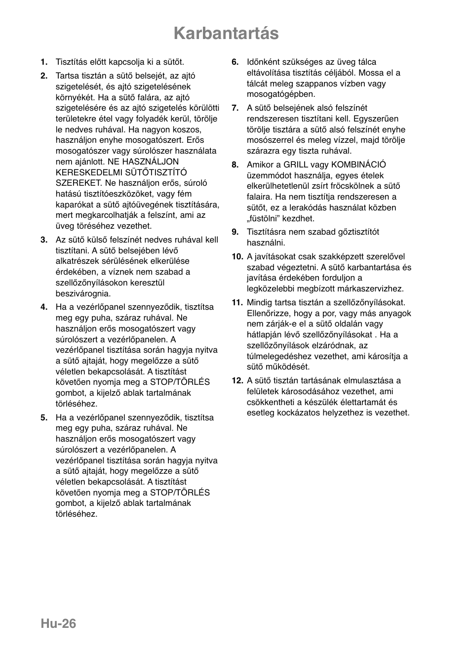 Karbantartás, Hu-26 | Panasonic NNGF668M User Manual | Page 28 / 31