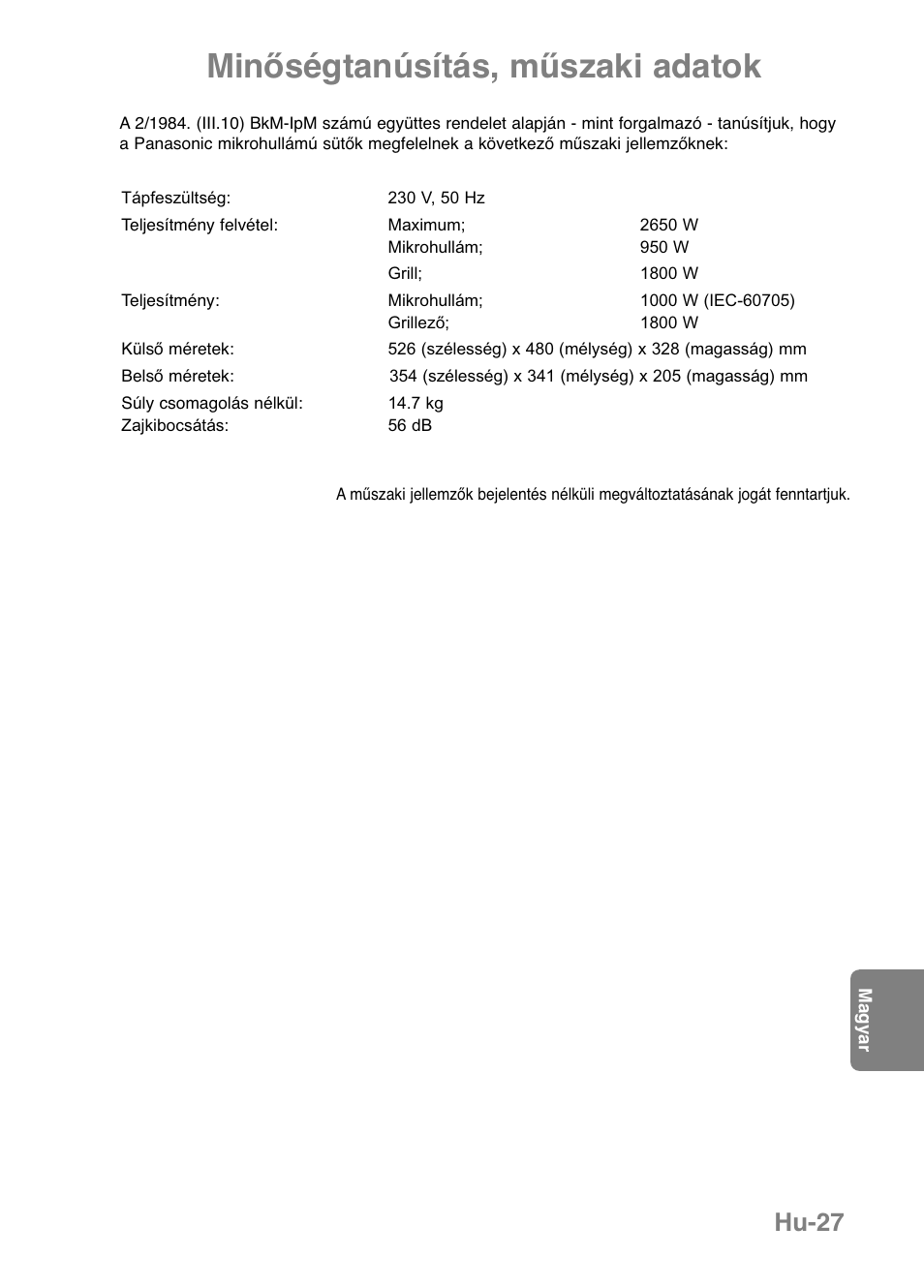 Minőségtanúsítás, műszaki adatok, Hu-27 | Panasonic NNGF668M User Manual | Page 29 / 31