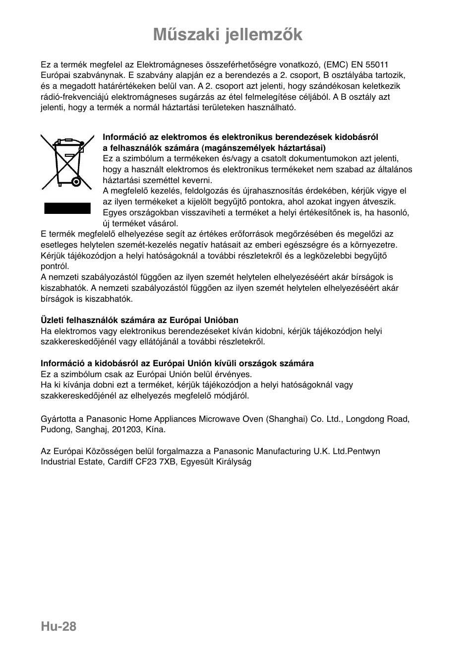 Műszaki jellemzők, Hu-28 | Panasonic NNGF668M User Manual | Page 30 / 31