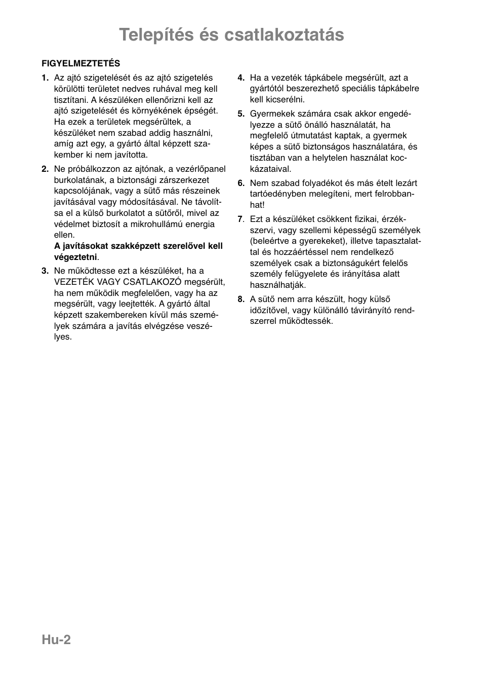 Telepítés és csatlakoztatás, Hu-2 | Panasonic NNGF668M User Manual | Page 4 / 31
