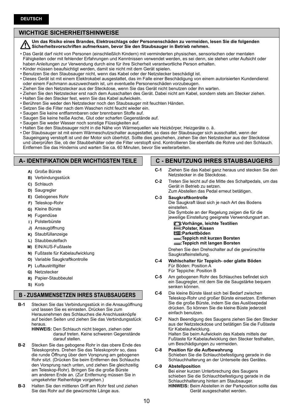 10 c - benutzung ihres staubsaugers, A- identifikation der wichtigsten teile, B - zusammensetzen ihres staubsaugers | Wichtige sicherheitshinweise | Panasonic MCCG881C User Manual | Page 10 / 48