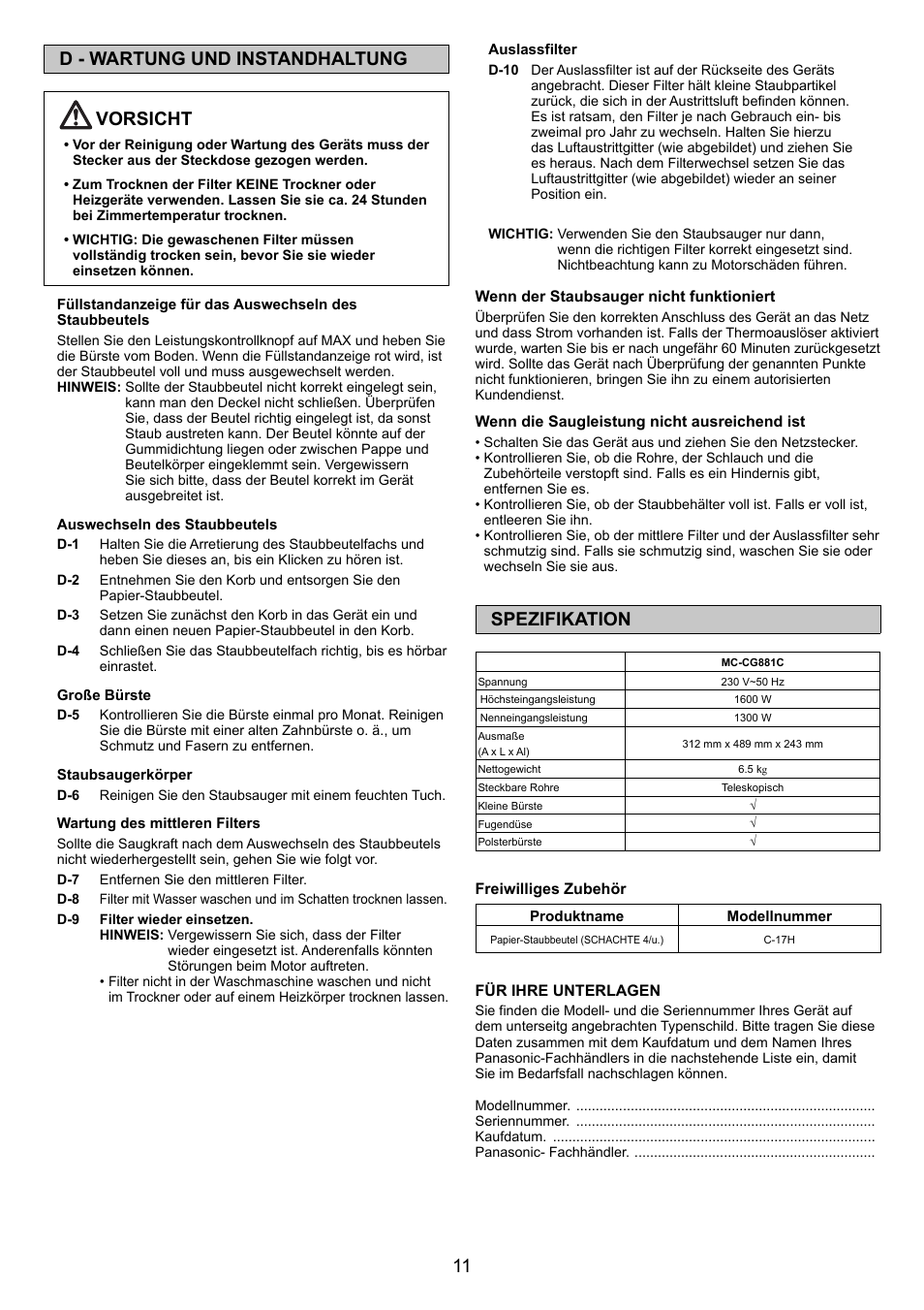 11 d - wartung und instandhaltung, Vorsicht, Spezifikation | Panasonic MCCG881C User Manual | Page 11 / 48