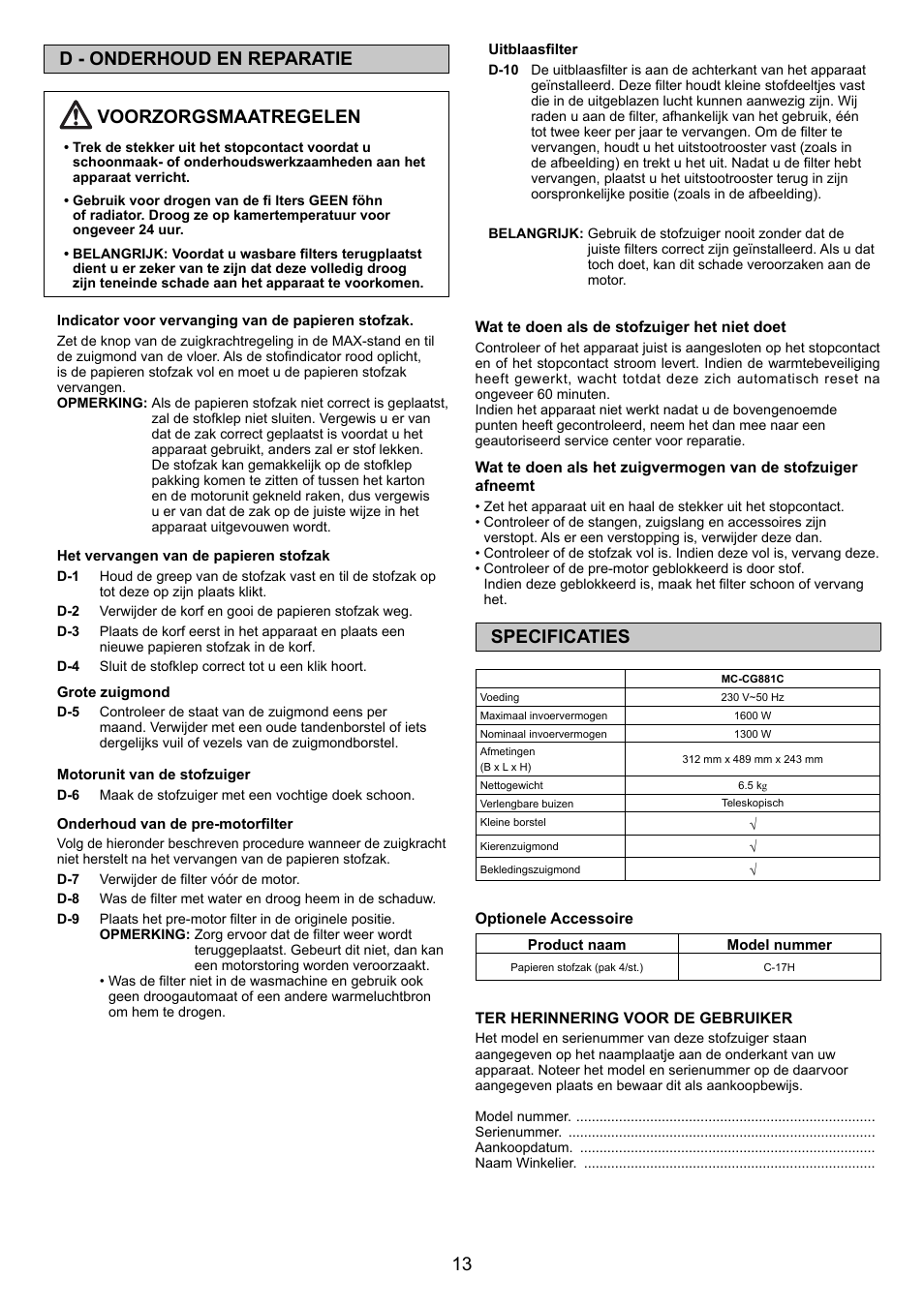 13 d - onderhoud en reparatie voorzorgsmaatregelen, Specificaties | Panasonic MCCG881C User Manual | Page 13 / 48