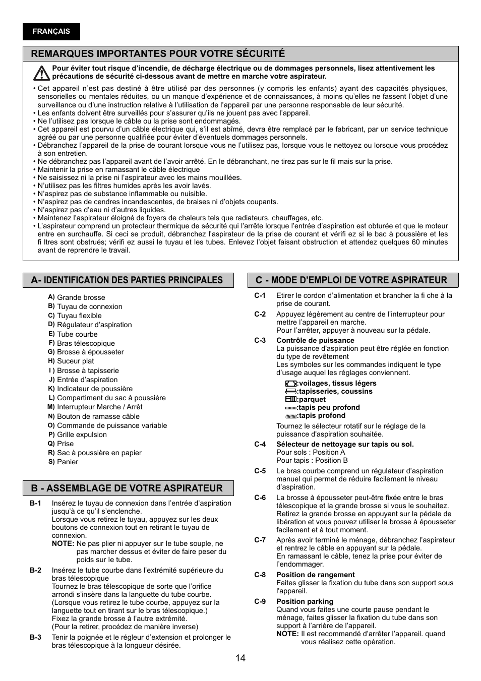 Remarques importantes pour votre sécurité, C - mode d’emploi de votre aspirateur, A- identification des parties principales | B - assemblage de votre aspirateur | Panasonic MCCG881C User Manual | Page 14 / 48