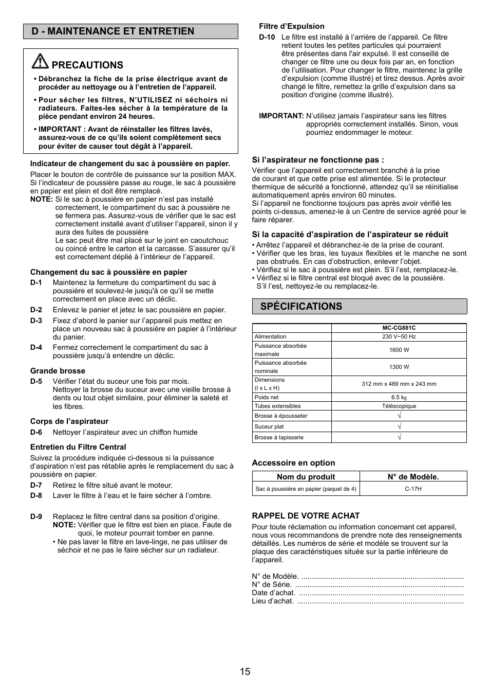 15 d - maintenance et entretien precautions, Spécifications | Panasonic MCCG881C User Manual | Page 15 / 48