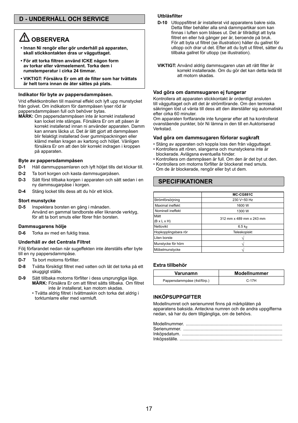 17 d - underhåll och service observera, Specifikationer | Panasonic MCCG881C User Manual | Page 17 / 48