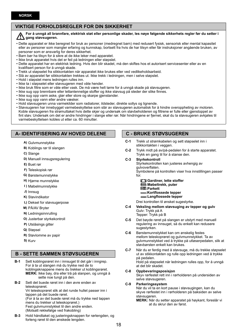 Viktige forholdsregler for din sikkerhet, C - bruke støvsugeren, A- identifisering av hoved delene | B - sette sammen støvsugeren | Panasonic MCCG881C User Manual | Page 18 / 48