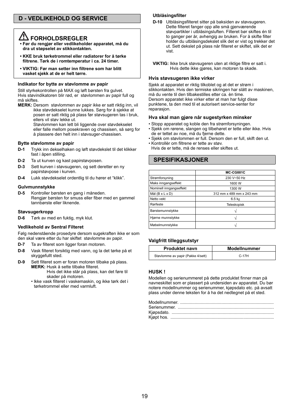 19 d - vedlikehold og service forholdsregler, Spesifikasjoner | Panasonic MCCG881C User Manual | Page 19 / 48