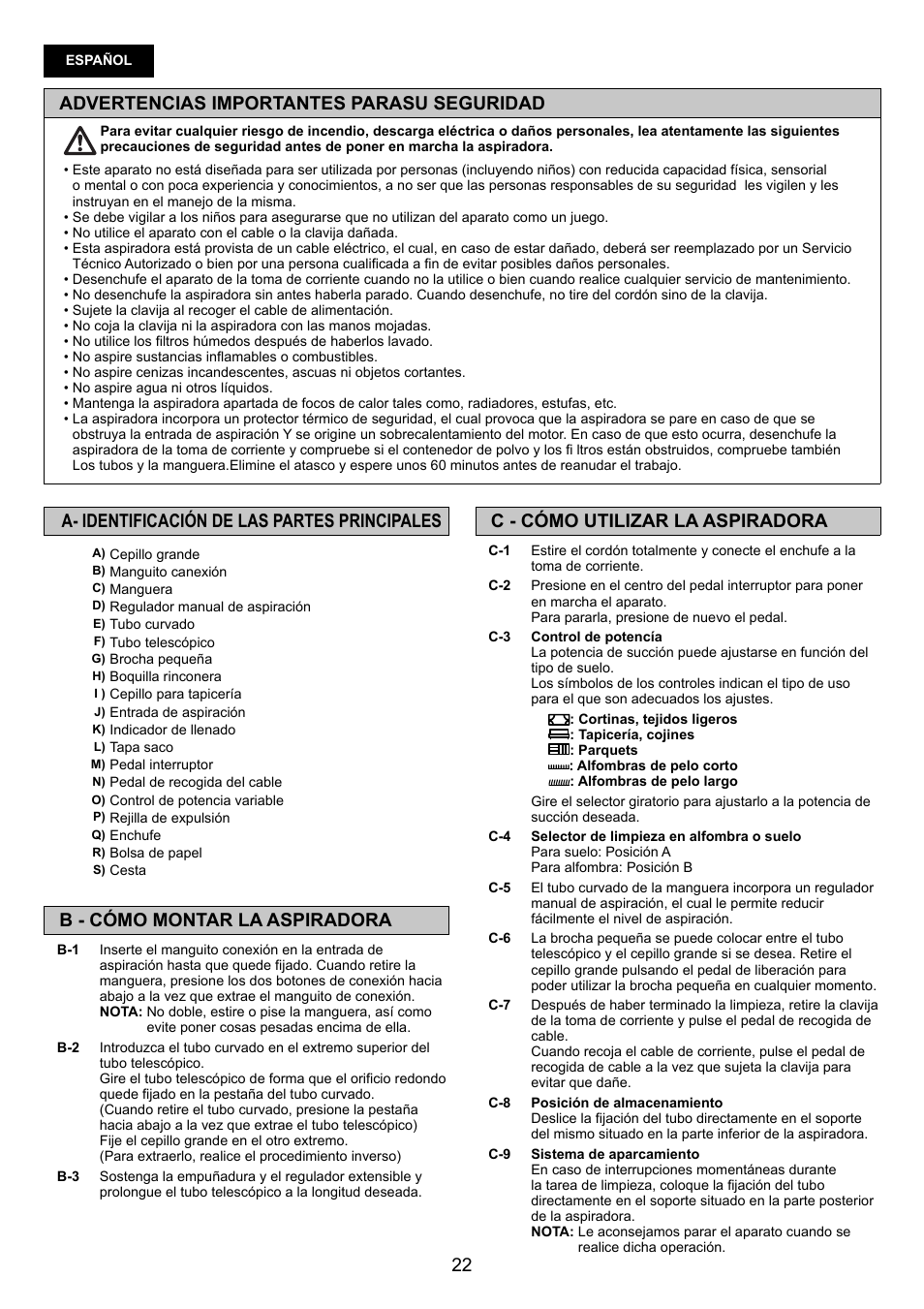 Advertencias importantes parasu seguridad, C - cómo utilizar la aspiradora, A- identificación de las partes principales | B - cómo montar la aspiradora | Panasonic MCCG881C User Manual | Page 22 / 48