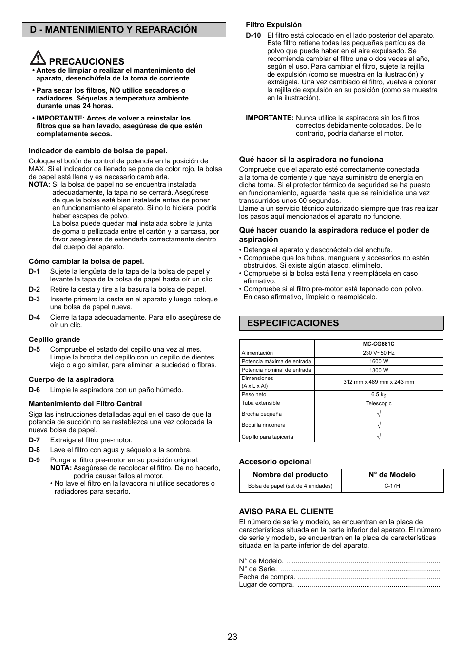 23 d - mantenimiento y reparación precauciones, Especificaciones | Panasonic MCCG881C User Manual | Page 23 / 48