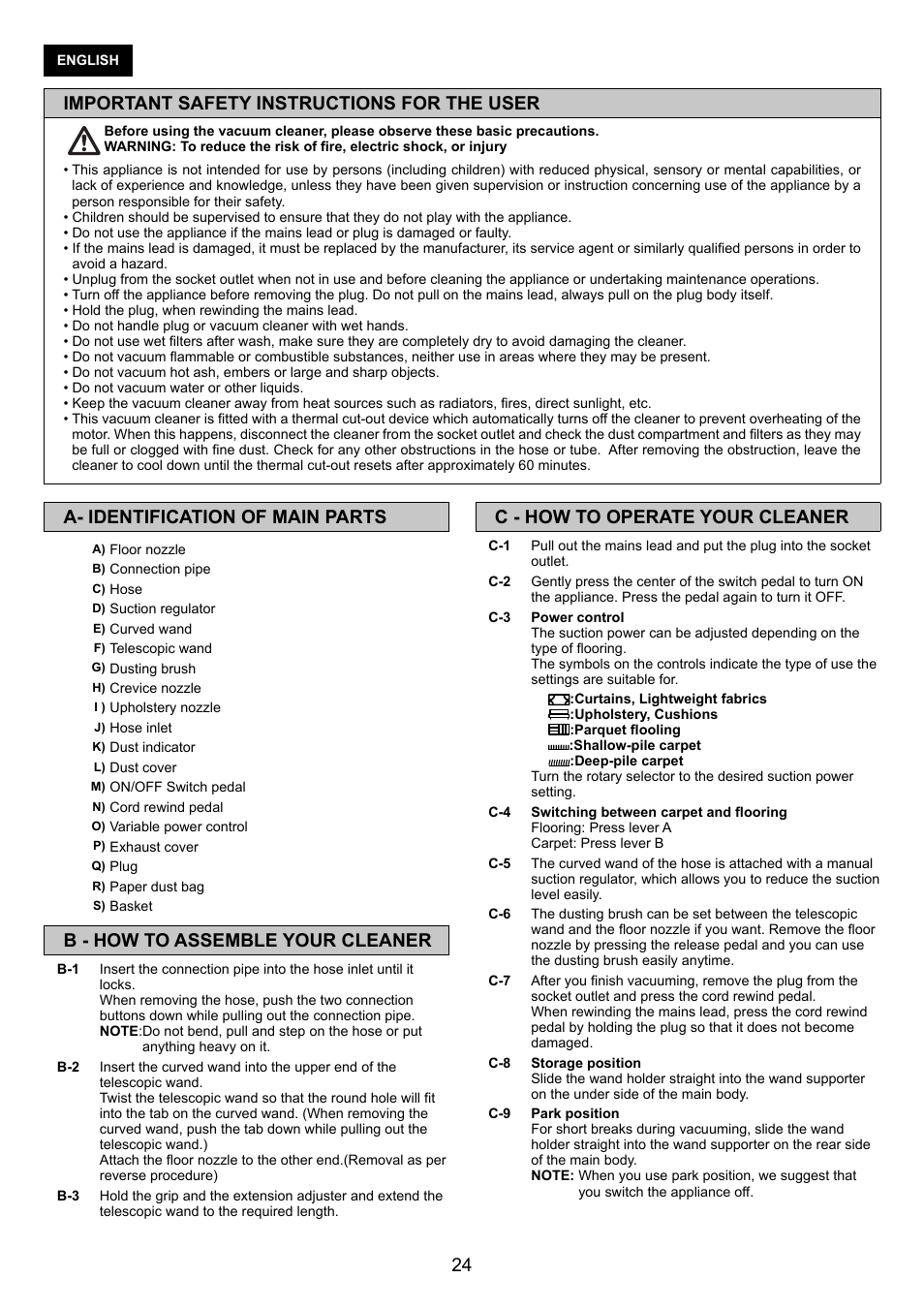 C - how to operate your cleaner, A- identification of main parts, B - how to assemble your cleaner | Important safety instructions for the user | Panasonic MCCG881C User Manual | Page 24 / 48