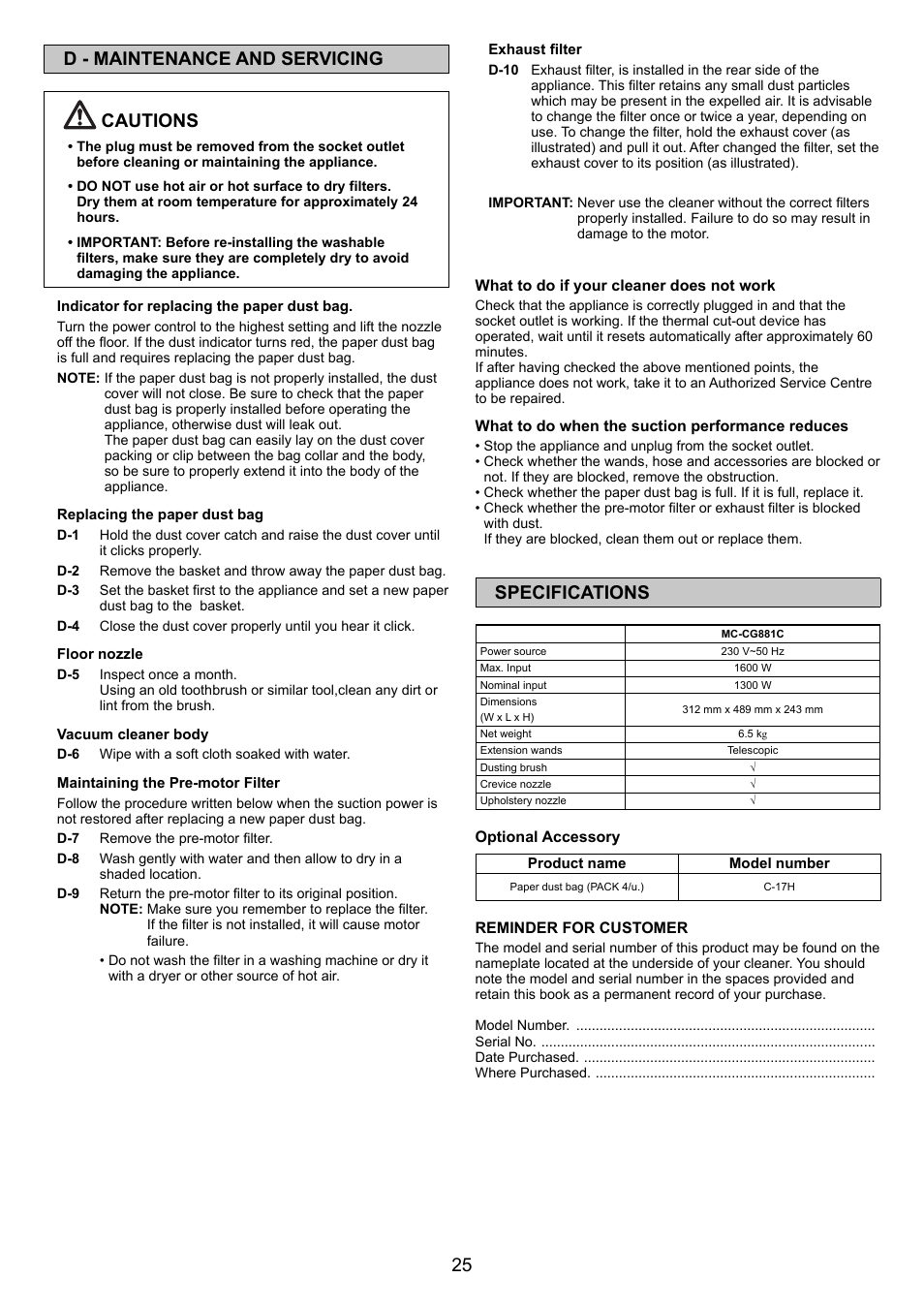 25 d - maintenance and servicing cautions, Specifications | Panasonic MCCG881C User Manual | Page 25 / 48