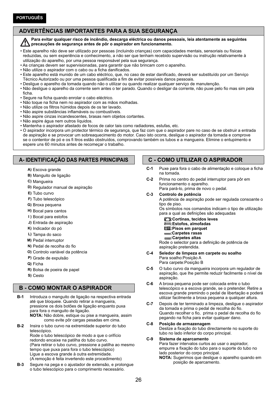 Advertências importantes para a sua segurança, C - como utilizar o aspirador, A- identificação das partes principais | B - como montar o aspirador | Panasonic MCCG881C User Manual | Page 26 / 48