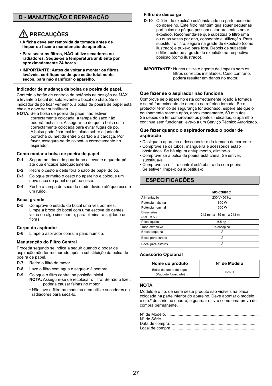 27 d - manutenção e reparação precauções, Especificações | Panasonic MCCG881C User Manual | Page 27 / 48