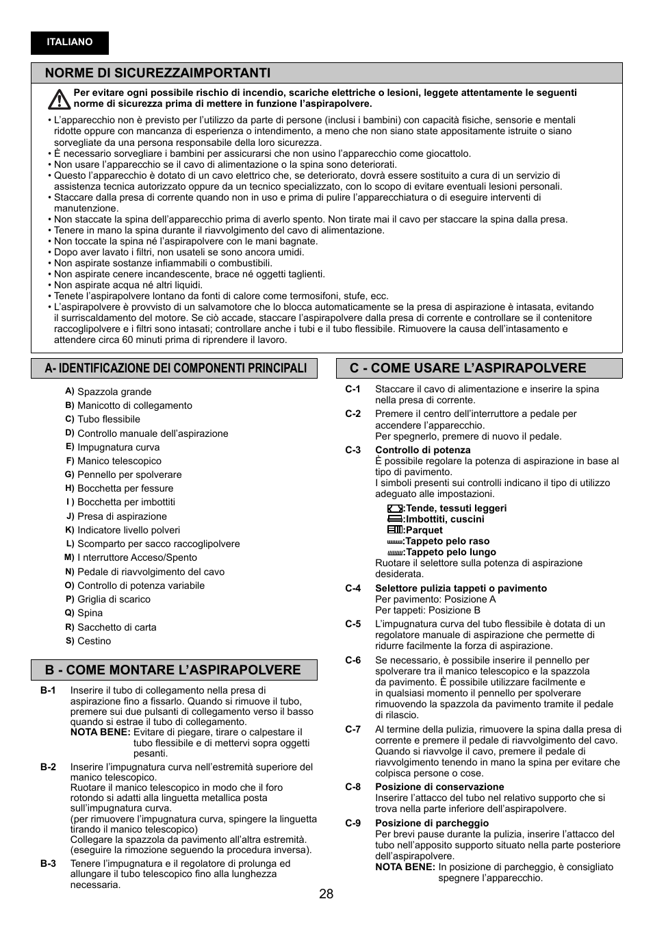 Norme di sicurezzaimportanti, C - come usare l’aspirapolvere, A- identificazione dei componenti principali | B - come montare l’aspirapolvere | Panasonic MCCG881C User Manual | Page 28 / 48