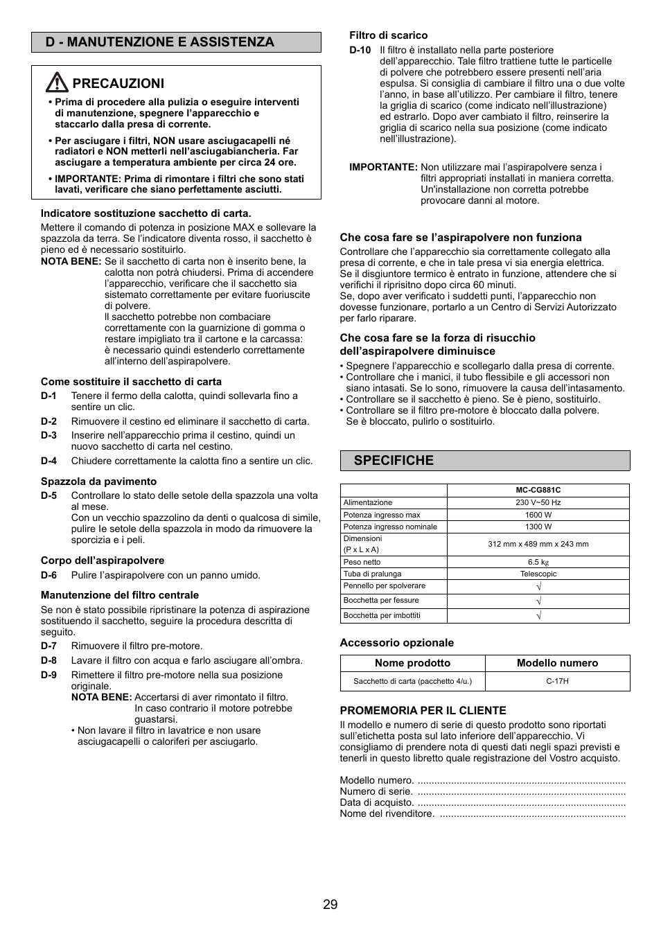 29 d - manutenzione e assistenza precauzioni, Specifiche | Panasonic MCCG881C User Manual | Page 29 / 48