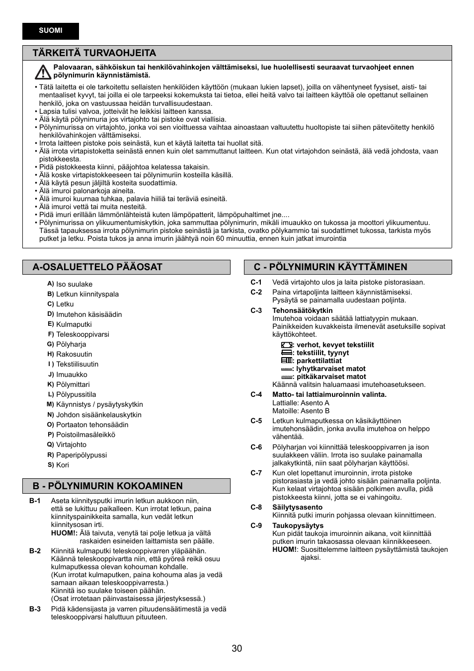 Tärkeitä turvaohjeita, C - pölynimurin käyttäminen, A-osaluettelo pääosat | B - pölynimurin kokoaminen | Panasonic MCCG881C User Manual | Page 30 / 48