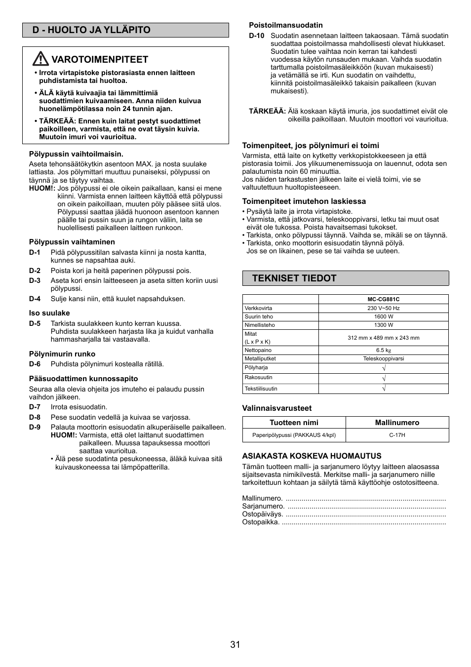 31 d - huolto ja ylläpito varotoimenpiteet, Tekniset tiedot | Panasonic MCCG881C User Manual | Page 31 / 48