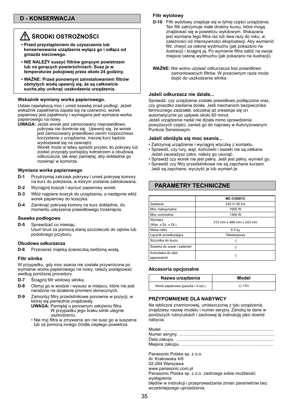 35 d - konserwacja środki ostrożności, Parametry techniczne | Panasonic MCCG881C User Manual | Page 35 / 48