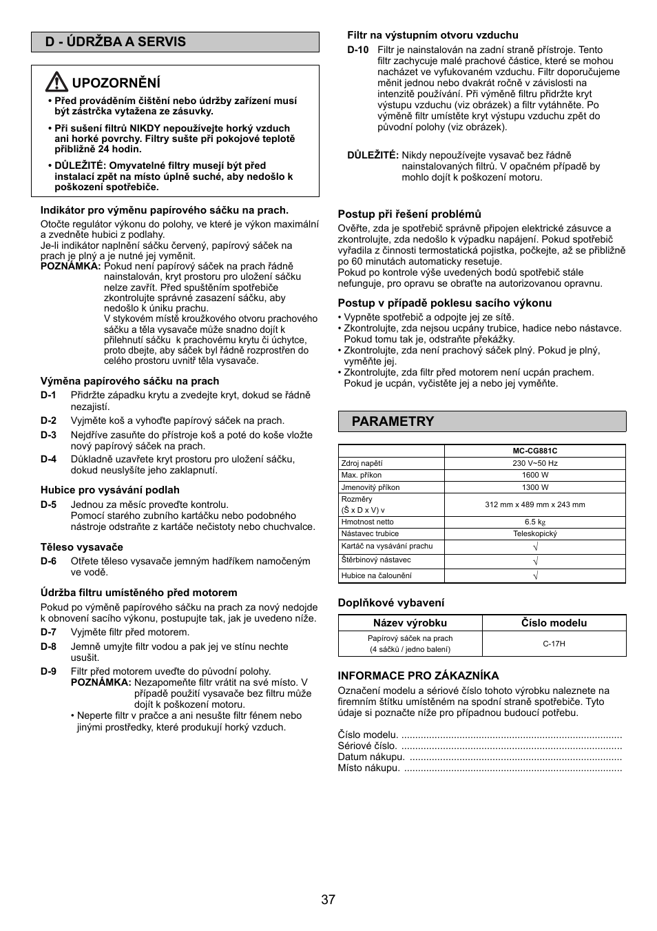 37 d - údržba a servis upozornění, Parametry | Panasonic MCCG881C User Manual | Page 37 / 48