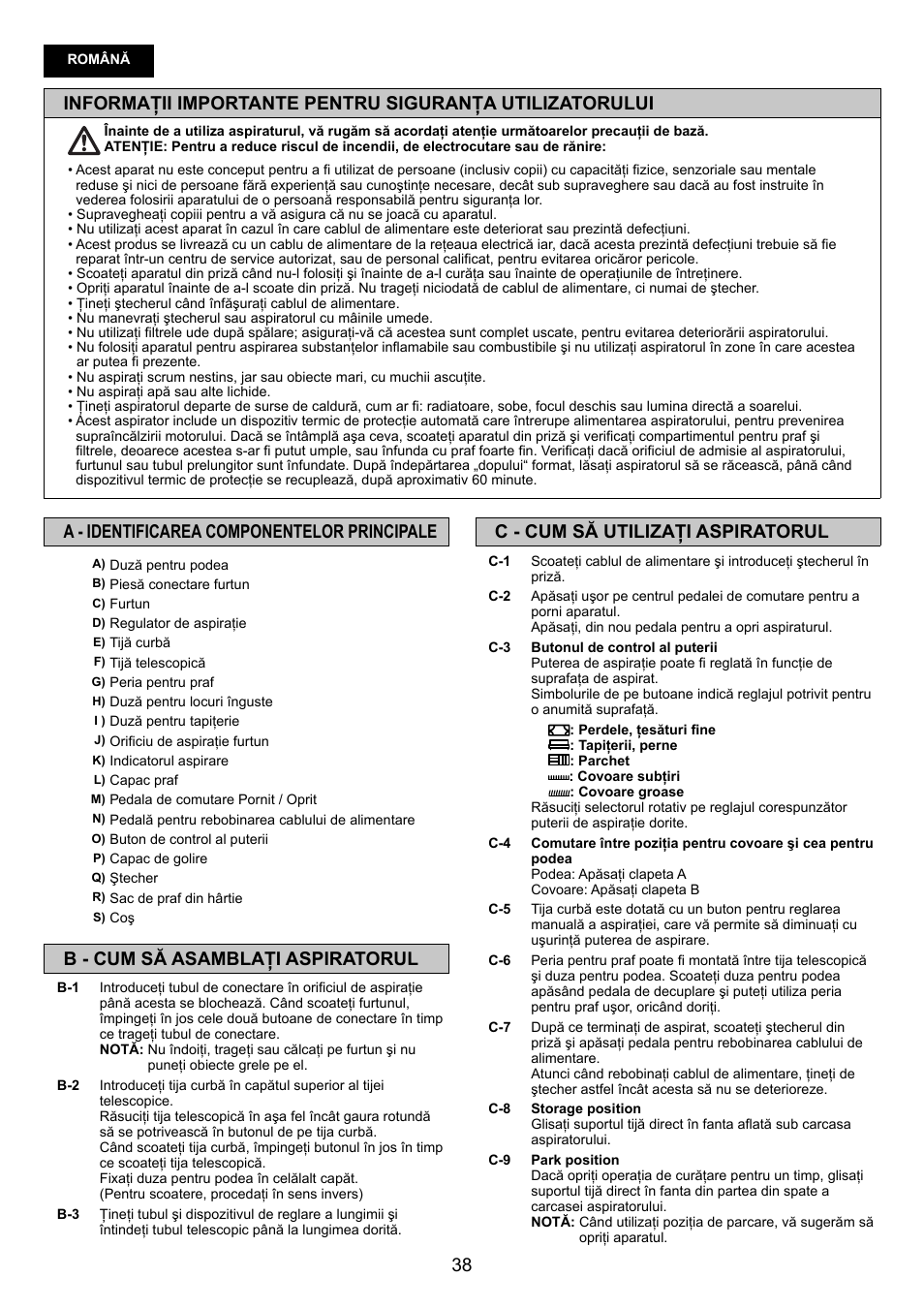 C - cum să utilizaţi aspiratorul, A - identificarea componentelor principale, B - cum să asamblaţi aspiratorul | Panasonic MCCG881C User Manual | Page 38 / 48