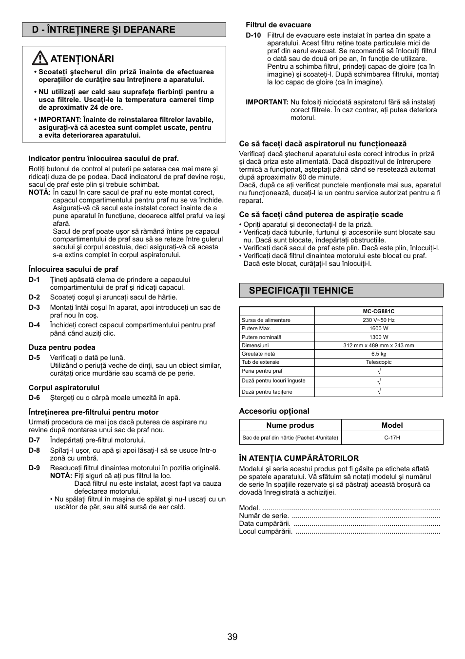 39 d - întreţinere şi depanare atenţionări, Specificaţii tehnice | Panasonic MCCG881C User Manual | Page 39 / 48