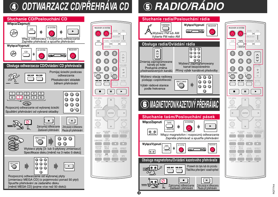 Radio/rádio, Odtwarzacz cd/pøehráva cd, Magnetofon/kazetovÿ pøehrávac | Síuchanie cd/poslouchání cd, Obsíuga odtwarzacza cd/ovládání cd p®ehrávaçe | Panasonic EUR7722X90 User Manual | Page 6 / 6