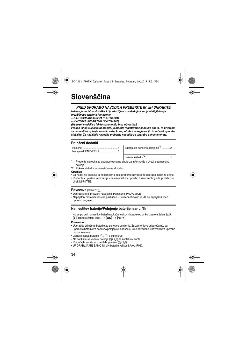Slovenščina | Panasonic KXTGA681FX User Manual | Page 34 / 76