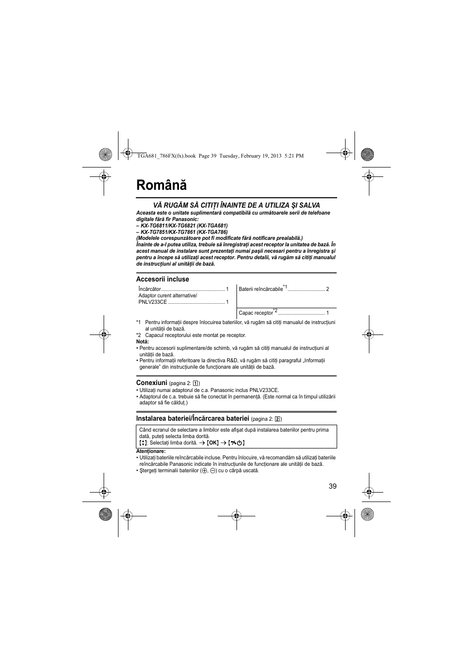 Română | Panasonic KXTGA681FX User Manual | Page 39 / 76