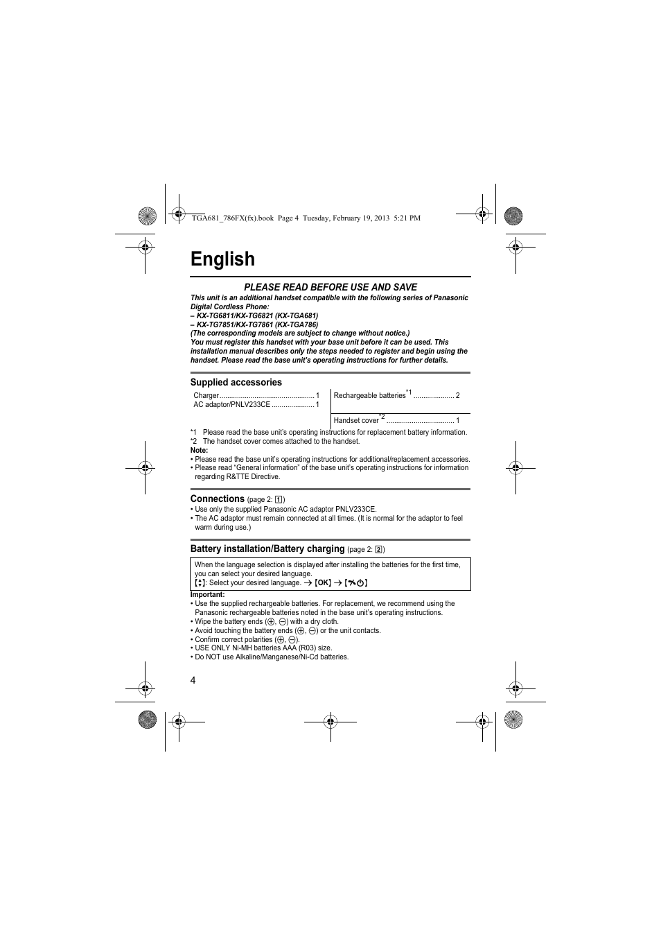 English | Panasonic KXTGA681FX User Manual | Page 4 / 76