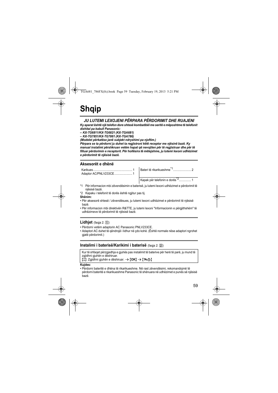 Shqip | Panasonic KXTGA681FX User Manual | Page 59 / 76