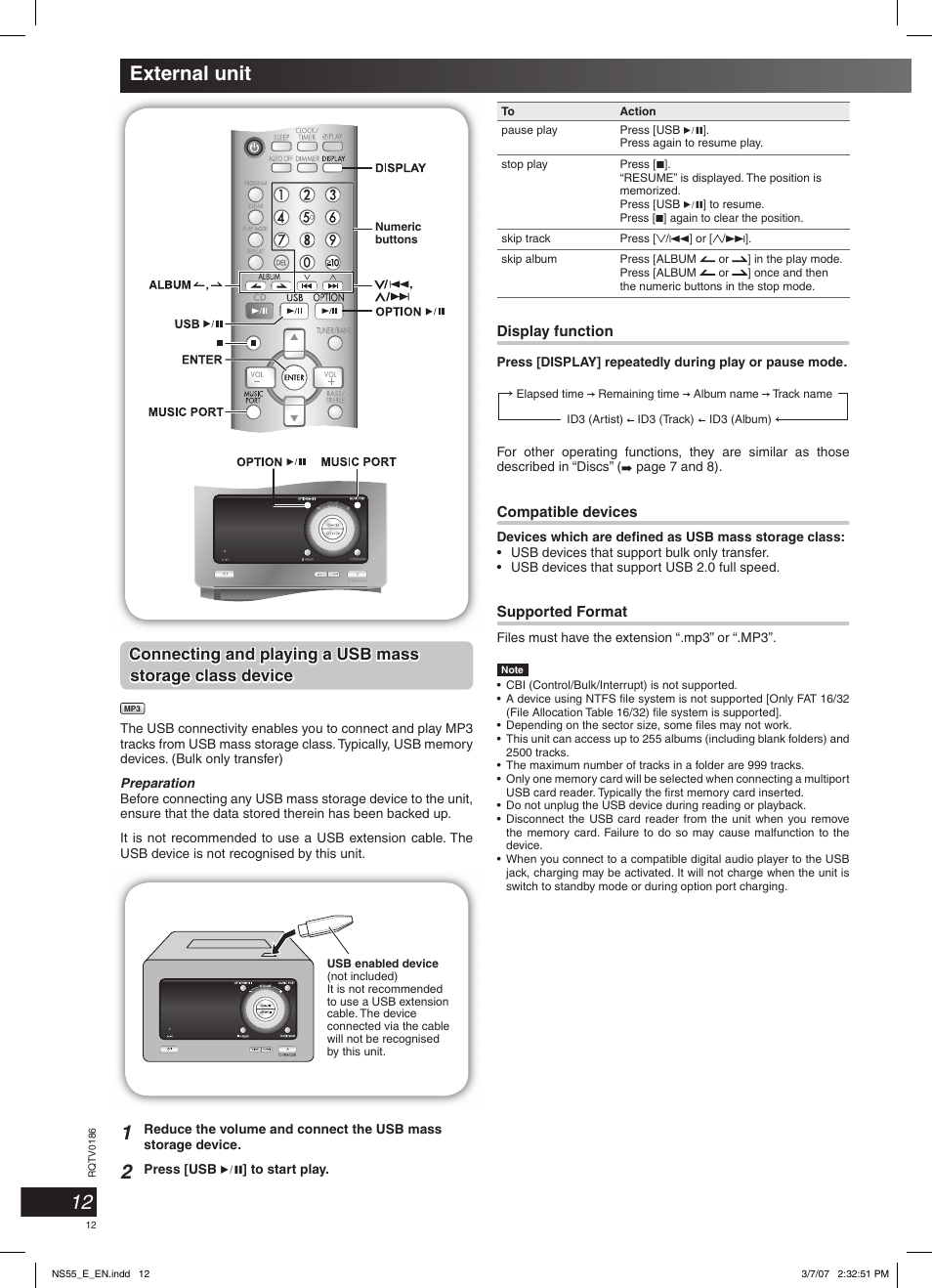 External unit, Connecting and playing a usb mass | Panasonic SCNS55 User Manual | Page 12 / 58