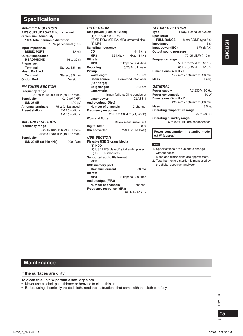 Maintenance, Specifi cations, English | If the surfaces are dirty | Panasonic SCNS55 User Manual | Page 15 / 58