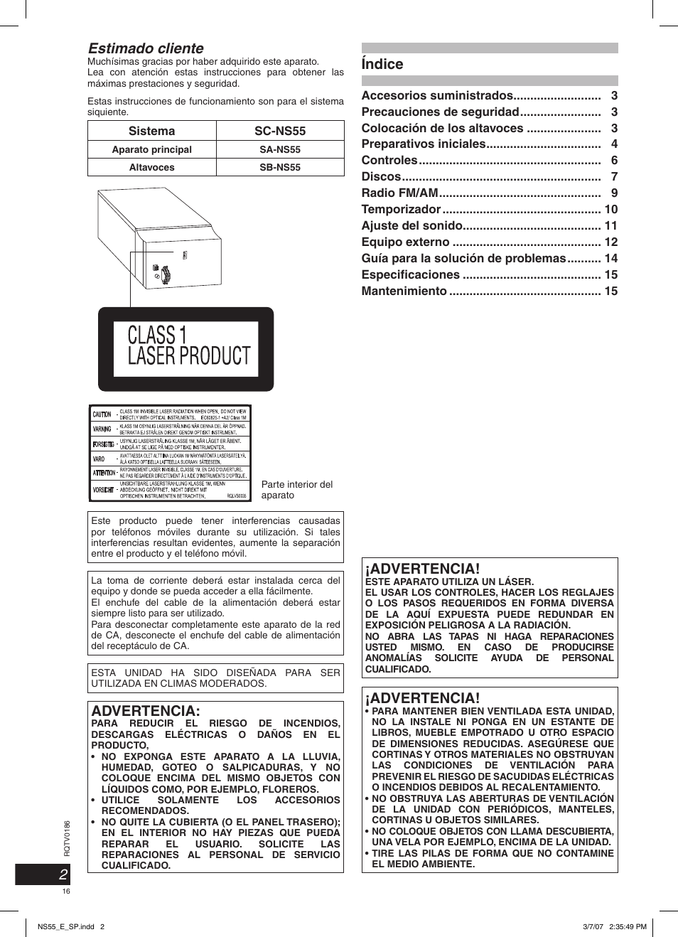 2estimado cliente, Advertencia, Índice | Panasonic SCNS55 User Manual | Page 16 / 58